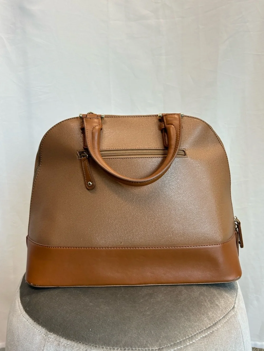 JustFab Camel brown faux leather satchel handbag tote dome shape gold-tone